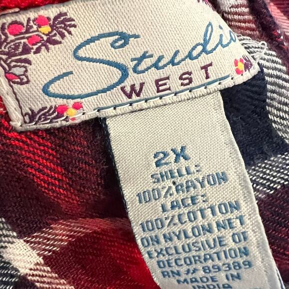 Vintage 90s Y2K Womens Button Up Tunic Top Plaid Lace Long Sleeve Western 2X - Picture 6 of 10